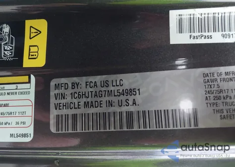 2021 Jeep Gladiator Sport S 4X4 z USA, uszkodzony, nr VIN 1C6HJTAG7ML549851